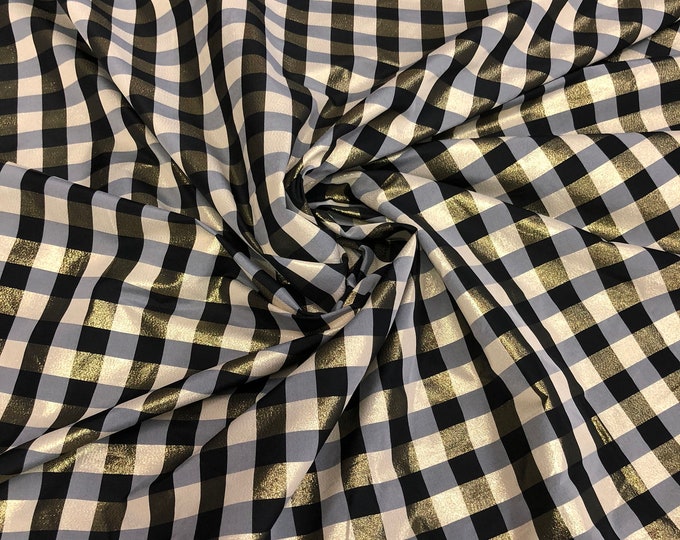 Taffeta matalic gingham check 54" wide     Beautiful Black gold color    Fabric sold by the yard
