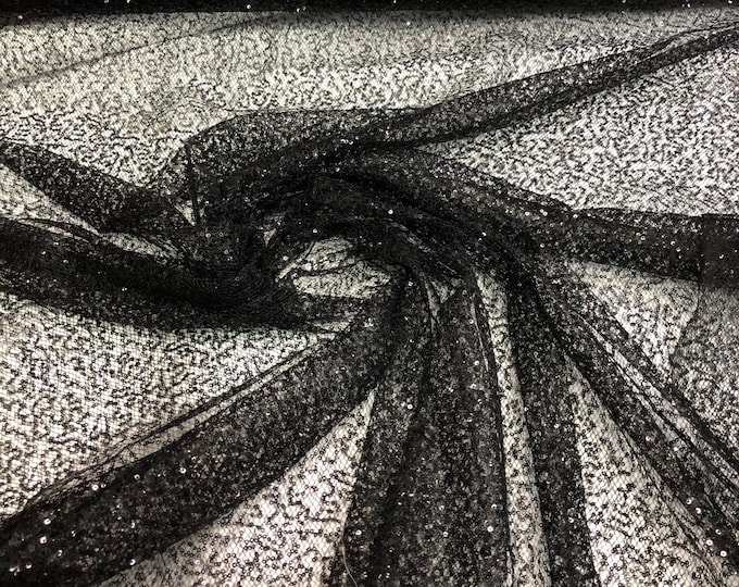 Black sequins on swirl sheer mesh fabric 52" wide    Sequins mesh fabric sold by the yard
