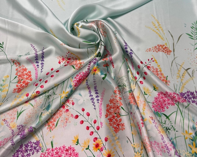 100% silk satin charmeuse digital print 54" wide    Beautiful mint base with pastel colors border style  floral design silk fabric 54” wide