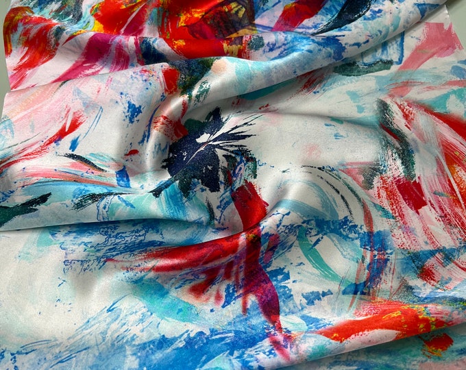100% silk Soft Satin charmeuse digital print 54" wide   Beautiful ivory base with bluesh red gray watery abstract design   Fabric
