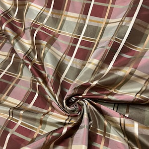100% seta bellissimo bordeaux brunastro e verde salvia oliva con plaid a strisce di raso senape dorato.  taffettà di seta largo 54 pollici