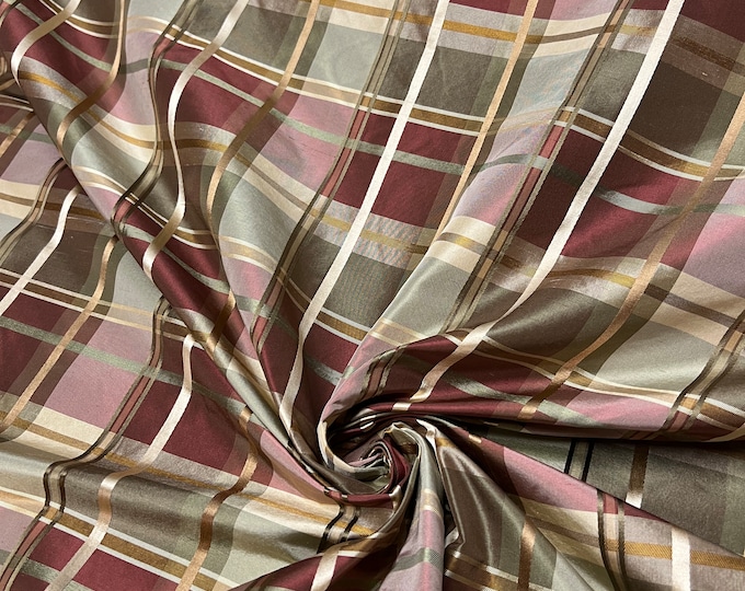 100% silk beautiful brownish burgandy & olive sage green with gold mustard satin stripe plaids .  silk taffeta 54" wide