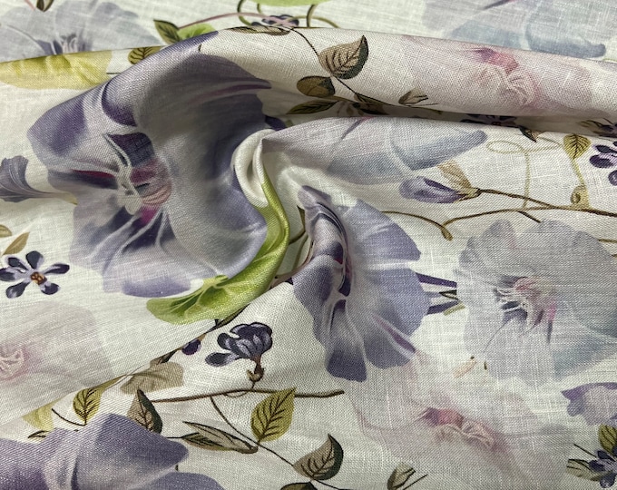 100% Linen designer print, Ivory base with lilac green light pink floral  designer printed linen. 58” wide Sold by the yard