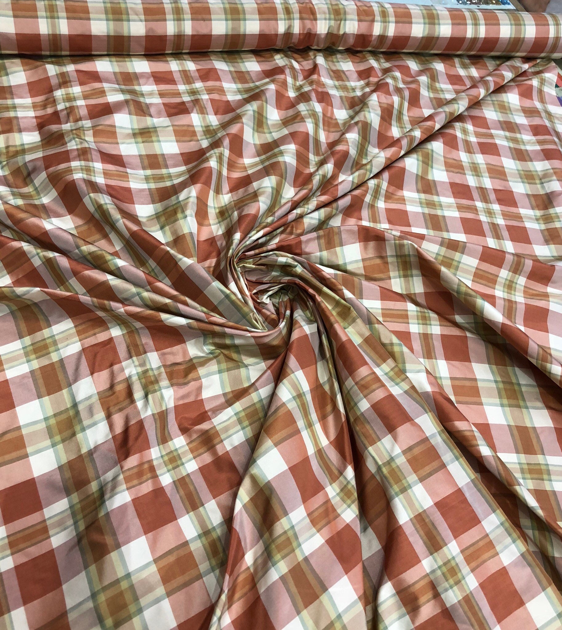 Silk taffeta plad 54 wide Beautiful copper brown white shades Fabric sold by the yard