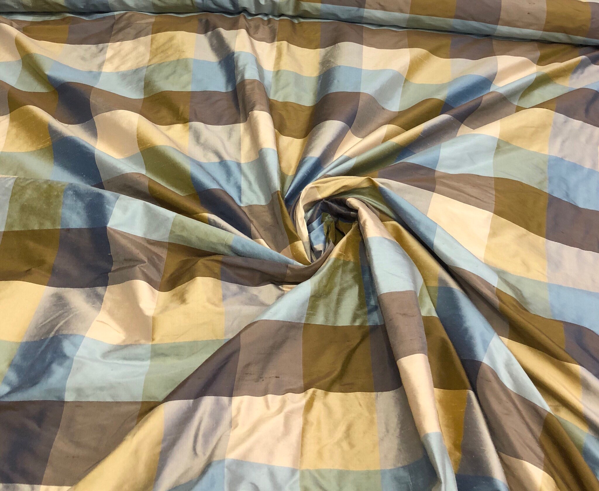 Silk dupion plaid 54 wide Beautiful blue brown gold shades silk dupion