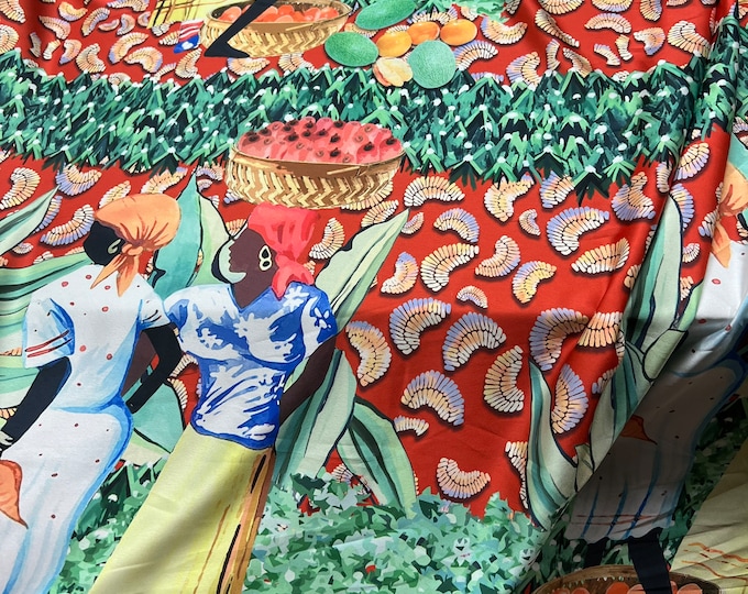 Soft Satin charmeuse digital print 54" beautiful Color full garden style print with people & fruit’s print   Fabric sold by the yard
