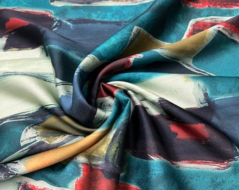Soft Satin charmeuse digital print 54" wide   Beautiful dark turquoise redish mustard mint color abstract design   Fabric sold by the yard