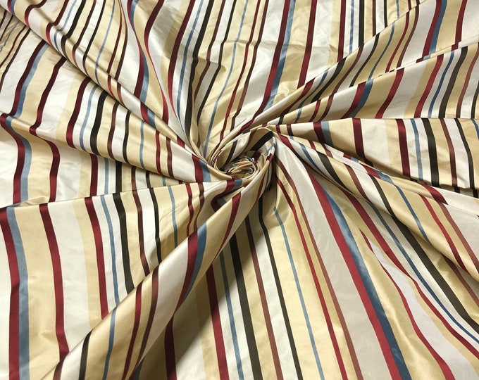 Silk taffeta 54"   Beautiful beige gold with wine brick blue red color stripes with gold satin stripes fabric sold by the yard