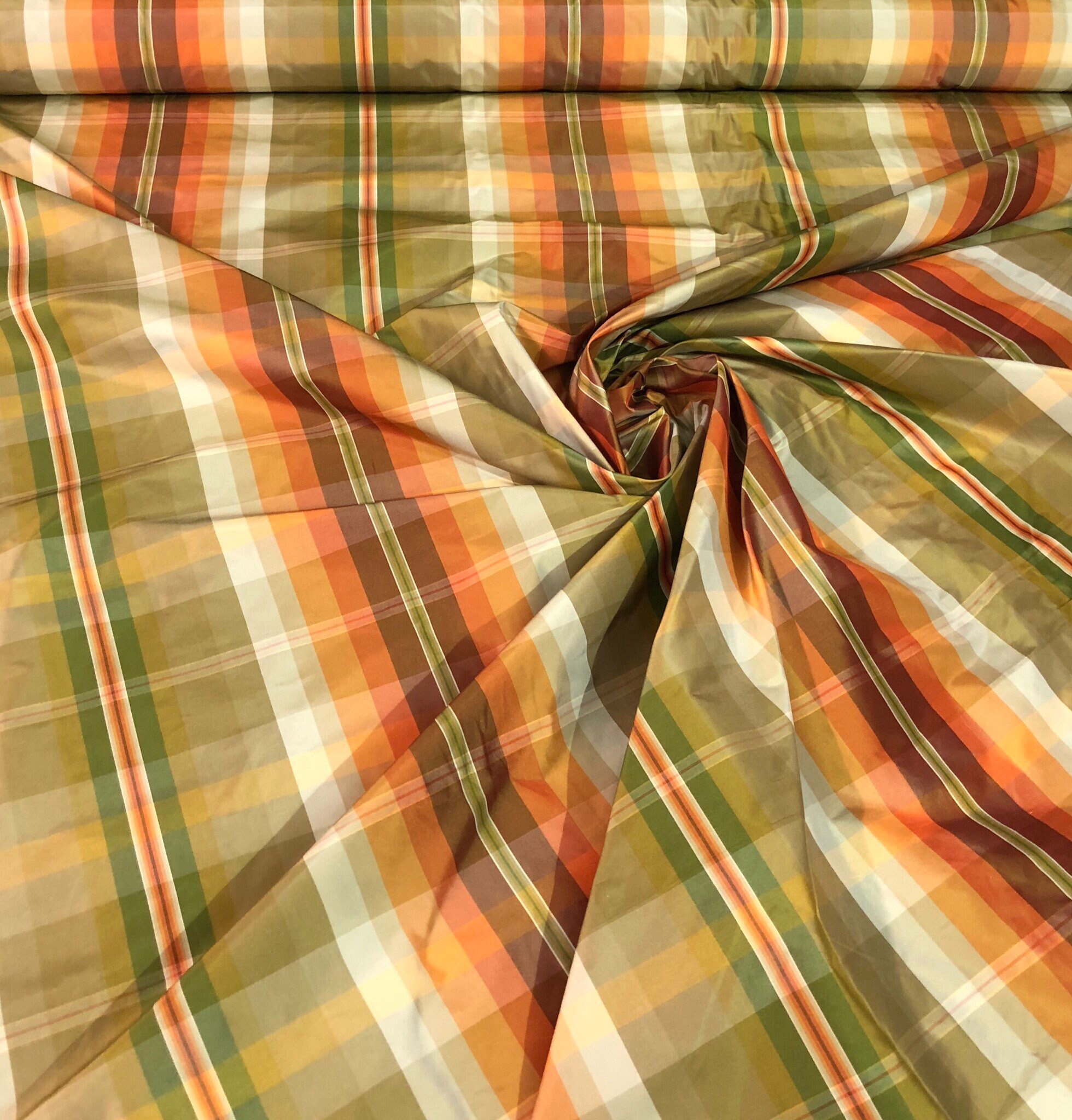 Silk taffeta plaid 54 wide Beautiful gold orange brown colors Fabric
