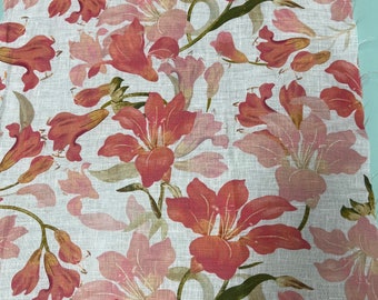 100% Linen designer print, Ivory with pink peach coral green floral  designer printed linen. 58” wide Sold by the yard