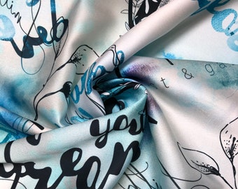 Weicher Satin Charmeuse digitaler Druck 135 cm Schöner off white türkis schwarz Designer Designerstoff wird lose verkauft