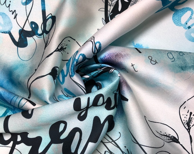 Soft Satin charmeuse digital print 54" wide   Beautiful off white turquoise black design designer printed  Fabric sold by the yard
