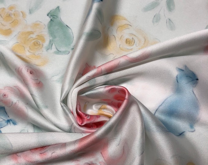 Soft Satin charmeuse digital print 54" wide   Beautiful white background with soft summer colors cat print design   Fabric sold by the yard