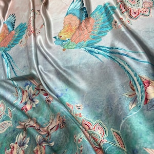 100% silk satin charmeuse digital print 54&quot; wide    Beautiful border style bird design grayish beige turquoise color soft fabric 54” wide