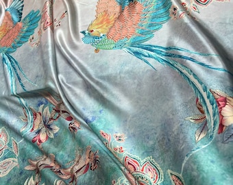 100% silk satin charmeuse digital print 54" wide    Beautiful border style bird design grayish beige turquoise color soft fabric 54” wide