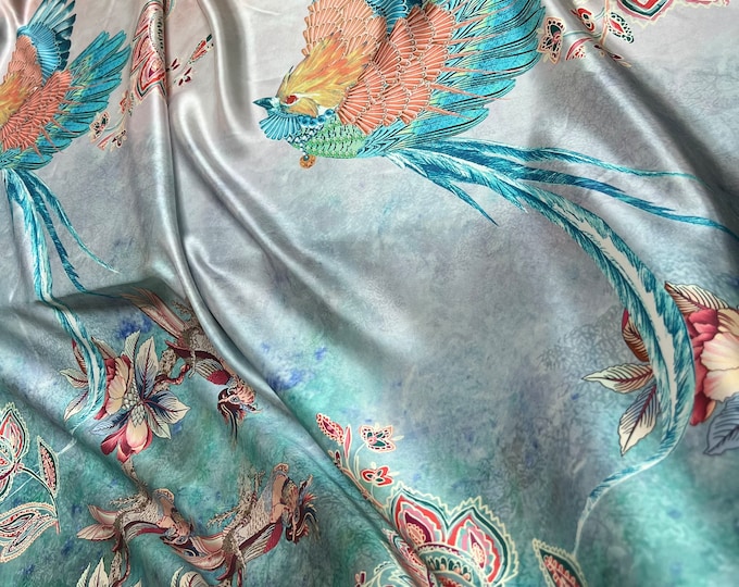 100% silk satin charmeuse digital print 54" wide    Beautiful border style bird design grayish beige turquoise color soft fabric 54” wide