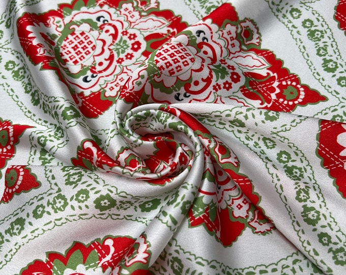 Soft Satin charmeuse digital print 54" wide   Beautiful ivory base with red green shades vintage style design   Fabric sold by the yard