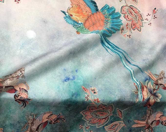 100% silk satin face organza, also called silk Gazzar 54” wide. Beautiful turguise burnt orange shades flying bird design.
