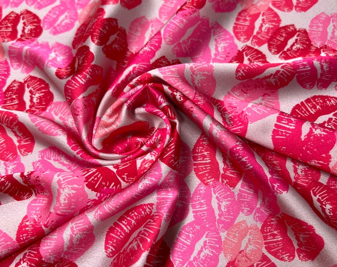 Soft Satin charmeuse digital print 54" wide   Beautiful ivory background Fusia shades lips style branded design   Fabric sold by the yard