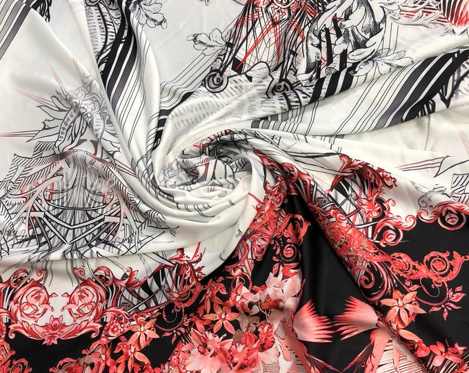 Satin charmeuse digital print 54" wide      Beautiful black white red floral print    Soft silky fabric sold by the yard