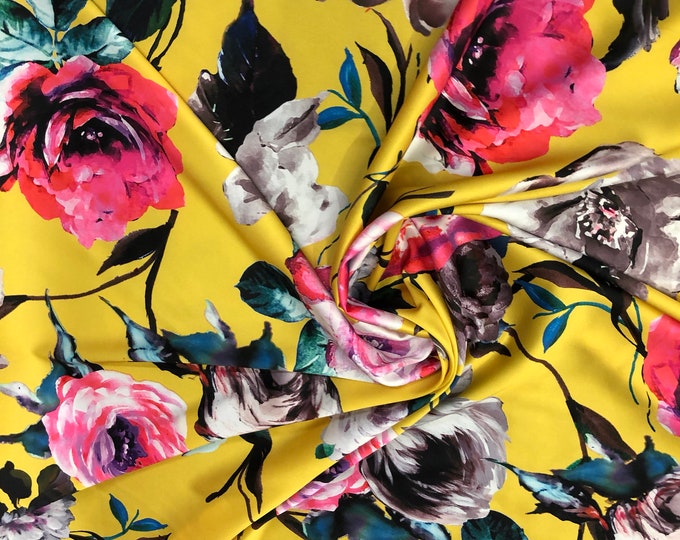 Satin charmeuse digital print 54" wide      Beautiful yellow multi floral design    Soft silky fabric sold by the yard