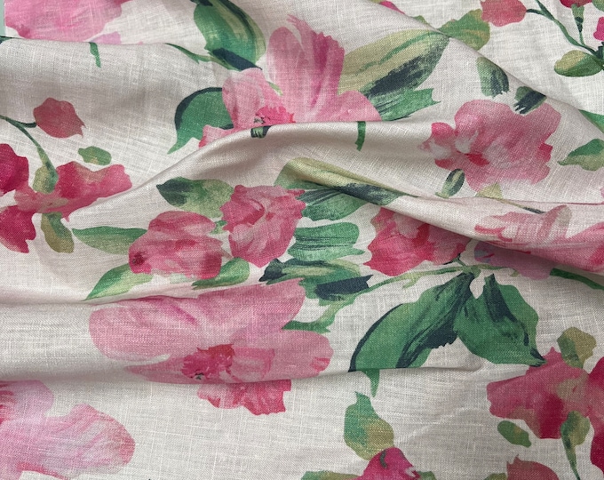 100% Linen designer print, Ivory base with pink green allover floral  designer printed linen. 58” wide Sold by the yard