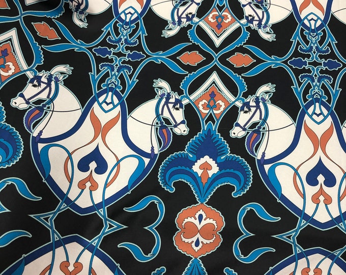 Beautiful belts & horse style teal blue white black color designer print on silky satin 54” wide. Sold by the yard. Best used for apparel