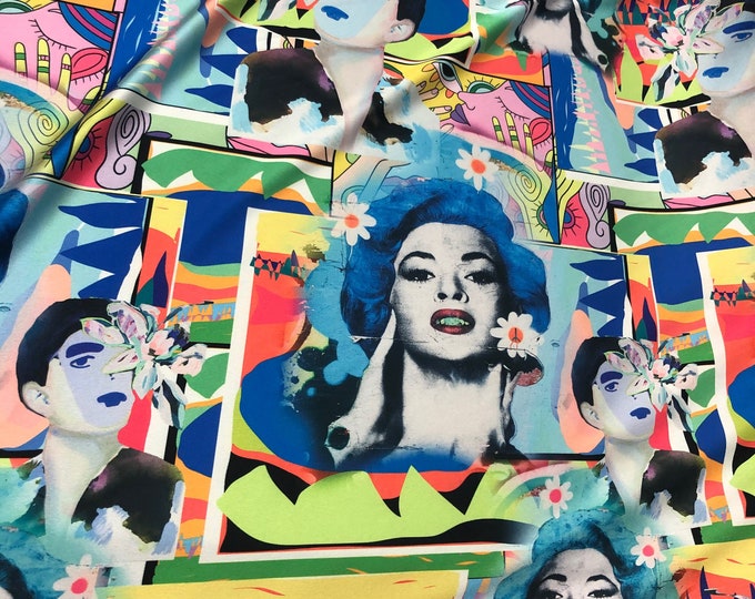 Beautiful multi color face design abstract design digital print on silky satin 54” wide. Sold by the yard. Best used for apparel