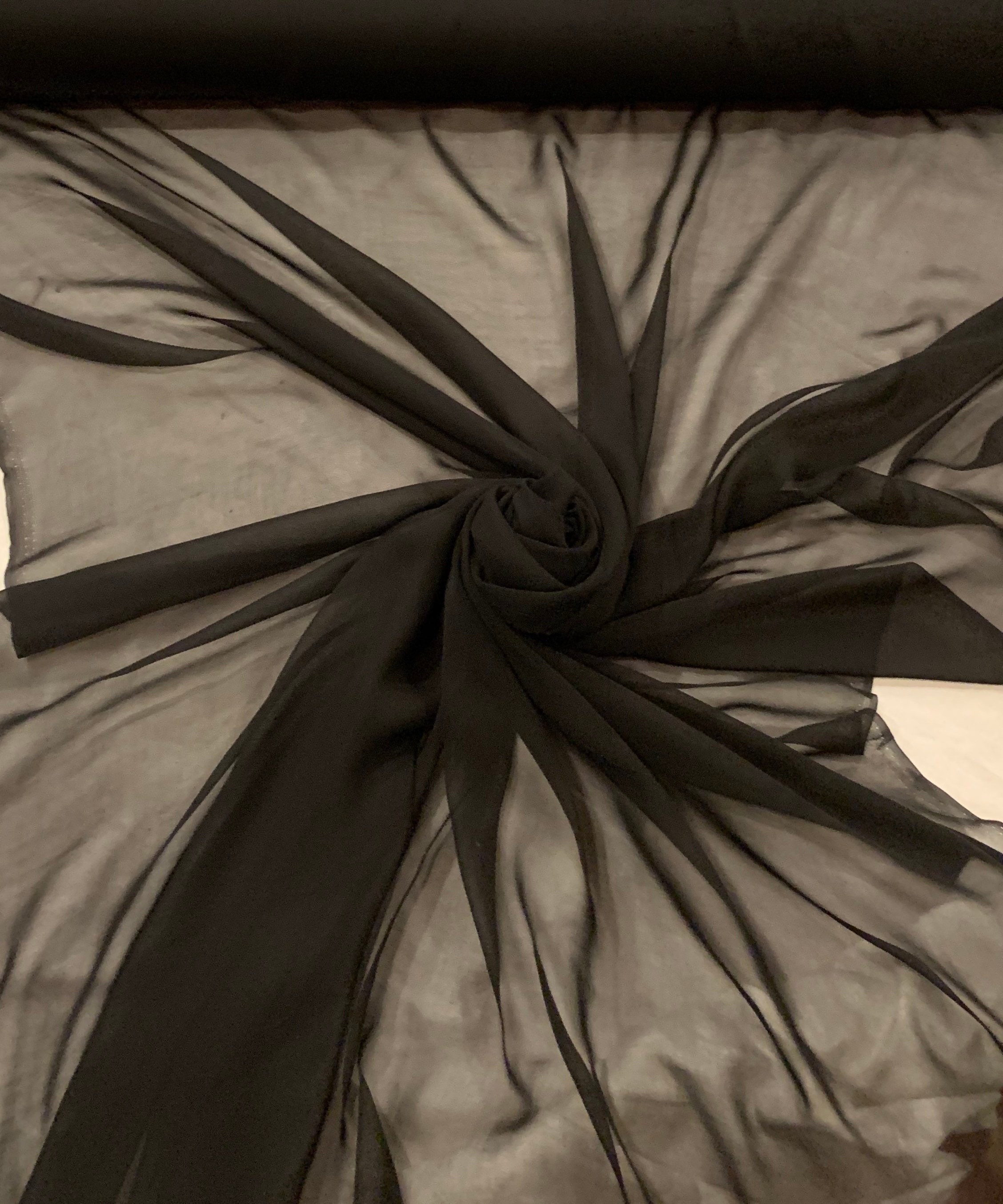 Black silk chiffon 44 wide. Sold by the yard