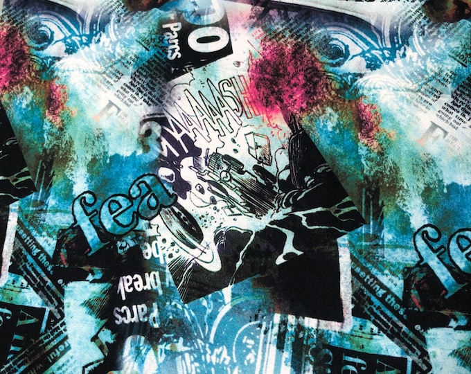 Beautiful aqua blue black gray white abstract designer digital print on silky satin 54” wide. Sold by the yard. Best used for apparel