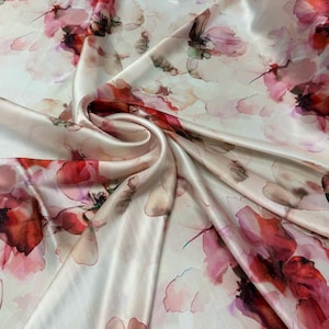 Tessuto in seta charmeuse 100% raso di seta con stampa digitale, larghezza 54" Bellissimo tessuto in seta con motivo floreale color avorio beige viola rosa, larghezza 54"