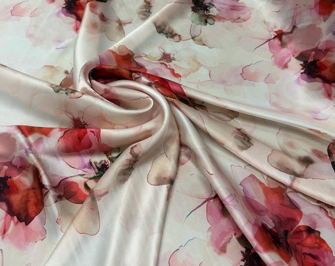 100% silk satin charmeuse digital print 54" wide    Beautiful ivory beige purple pink rose color floral design silk fabric 54” wide