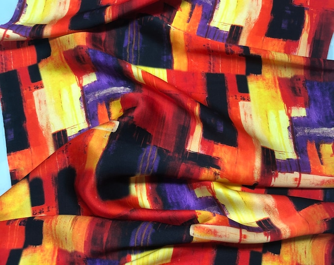 100% silk satin charmeuse digital print 54" wide    Beautiful burnt orange red yellow purple print silky soft fabric 54” wide