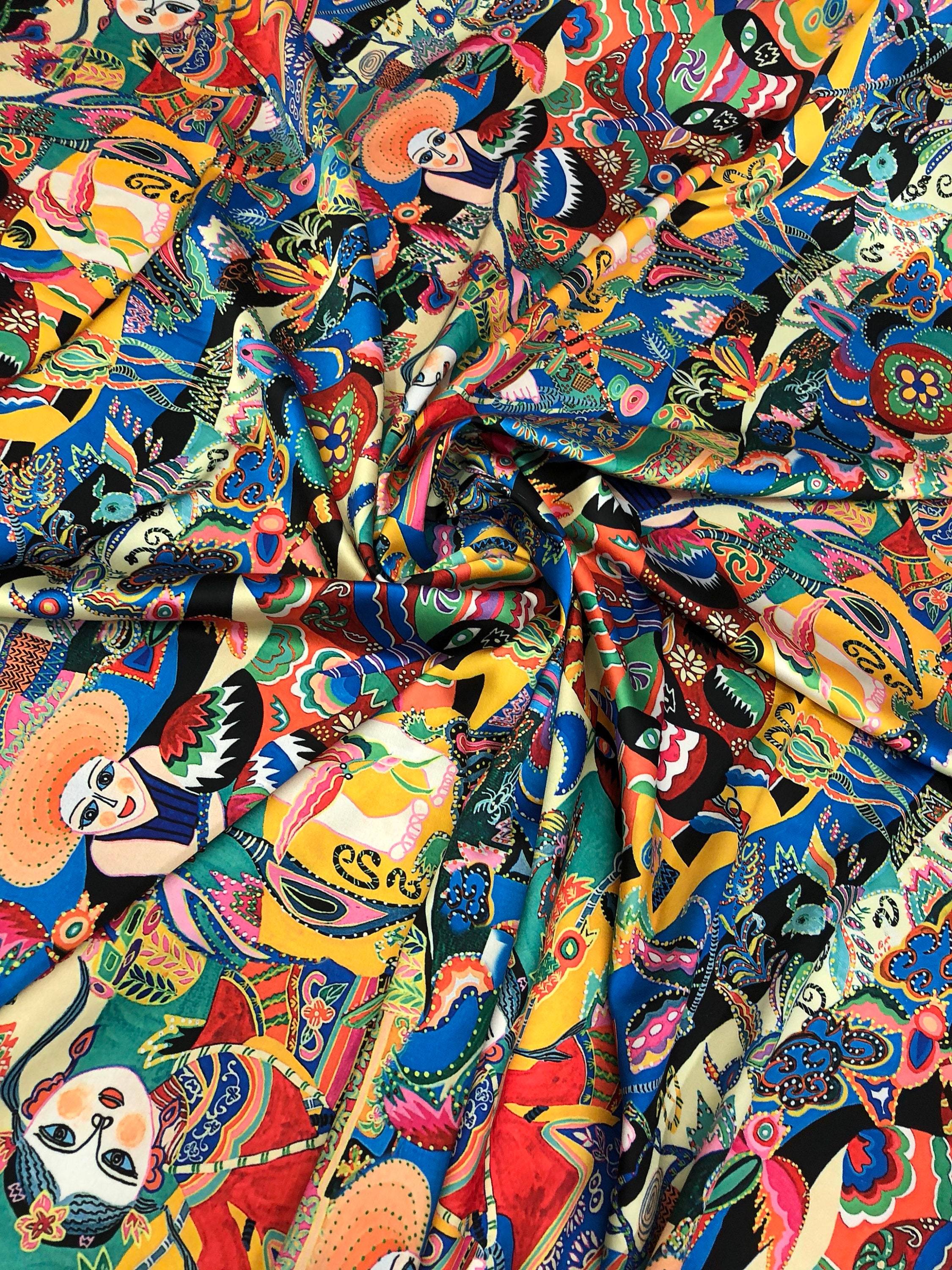Satin charmeuse print 54 wide Beautiful bright colors Soft silky fabric