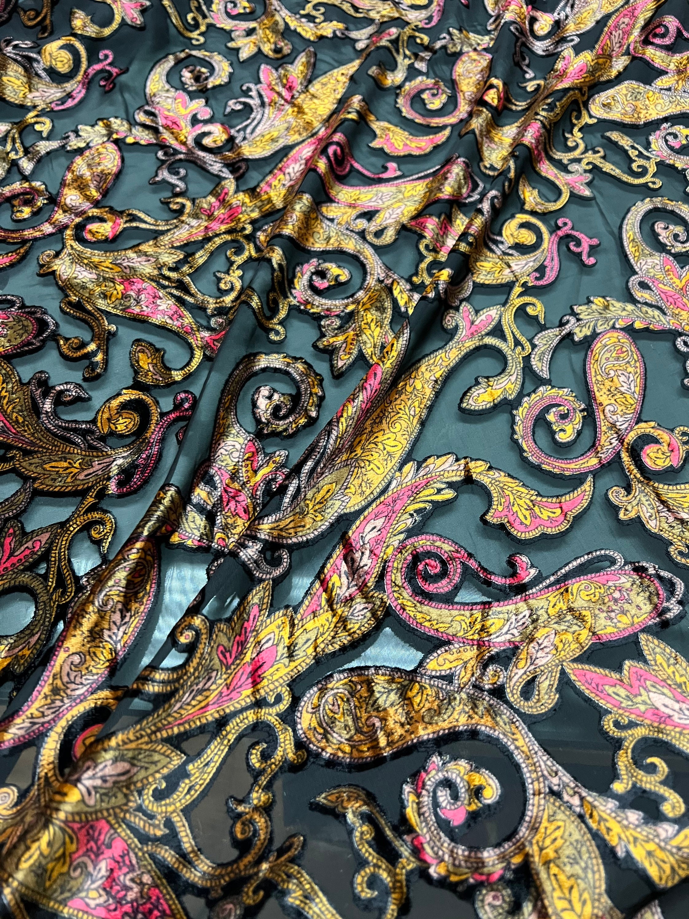 Italian Designer Chiffon Velvet Burnout Fabric Floral Print. Price