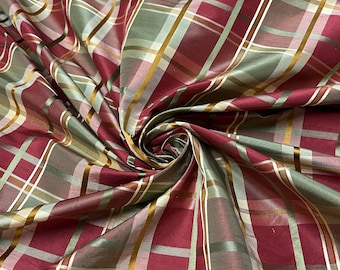 100% silk beautiful Burgandy red & olive green  with gold mustard satin stripe plaids .  silk taffeta 54" wide            Sold by the yard