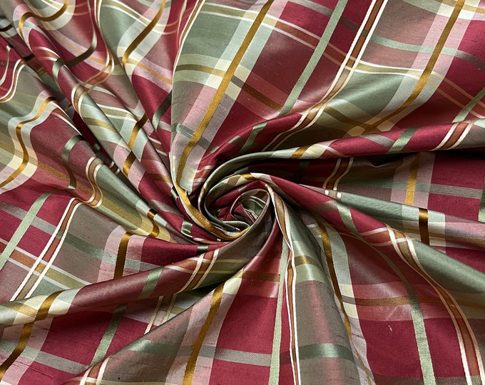 100% silk beautiful Burgandy red & olive green  with gold mustard satin stripe plaids .  silk taffeta 54" wide            Sold by the yard
