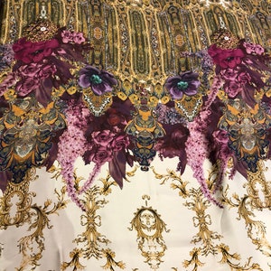 100% silk satin charmeuse digital print 54&quot; wide   Beautiful border paisley design   Fabric sold by the yard