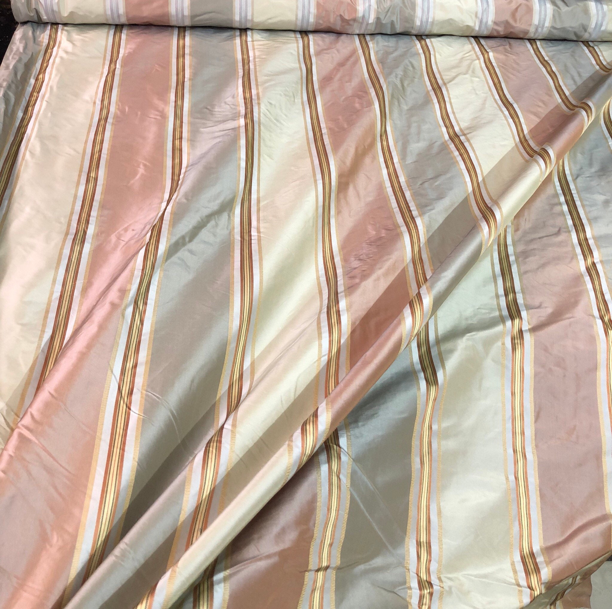 Silk taffeta 54 wide Beautiful gray pink peach statin stripe silk