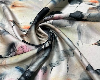 Soft Satin charmeuse digital print 54" wide   Beautiful beige gold base pinkish black abstract design   Fabric sold by the yard