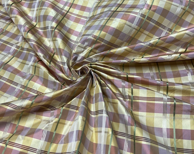 100% silk beautiful rose pink & yellow plaids with gold wine satin stripe plaids .  silk taffeta 54" wide            Sold by the yard
