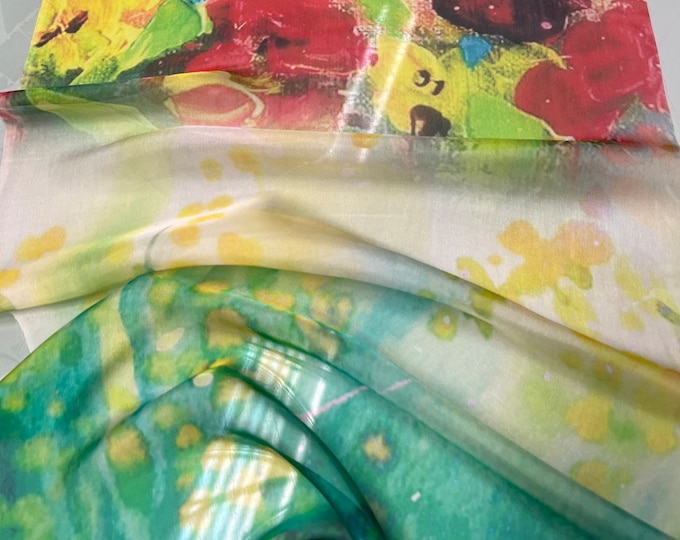 100% silk satin face chiffon digital print 54" wide    Beautiful green red yellow ombre style center border floral design