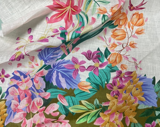 100% Linen designer print, Ivory base border style green and rainbow shades floral  designer printed linen. 58” wide Sold by the yard