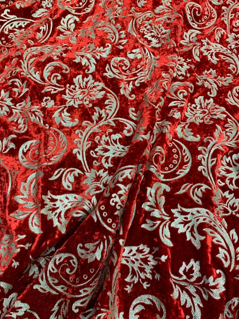 Velvet embosed with gold matalic damask floral design 45 wide Beautiful red gold embossed velvet