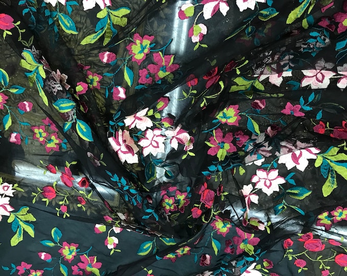 Italian designer  fabric Floral embroidery on tulle fabric.  Price for One Yard 50" wide. Usable for apparel,accessories and interior design