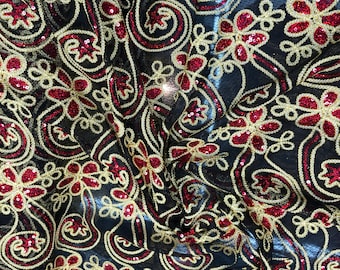 Gold red sequins cording embroidered on black mesh 52" wide     Fabric sold by the yard