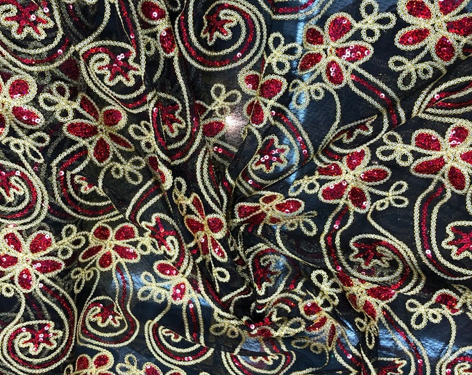 Gold red sequins cording embroidered on black mesh 52" wide     Fabric sold by the yard