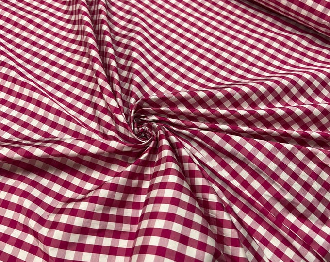 Beautiful taffeta Bright Fusia & white gingham check 54” wide.  Best used for apparel and home Decore.  Sold by the yard