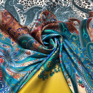 100% silk satin charmeuse digital print 54&quot; wide    Beautiful yellow leopard animal paisley center border design print  silky soft fabric