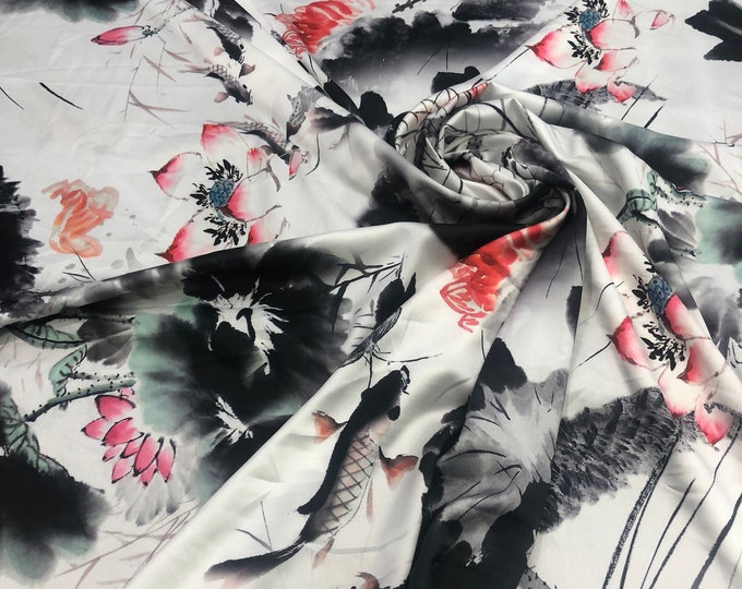 Satin charmeuse digital print 54" wide    Beautiful white black red colors silky satin charmeuse fabric sold by the yard